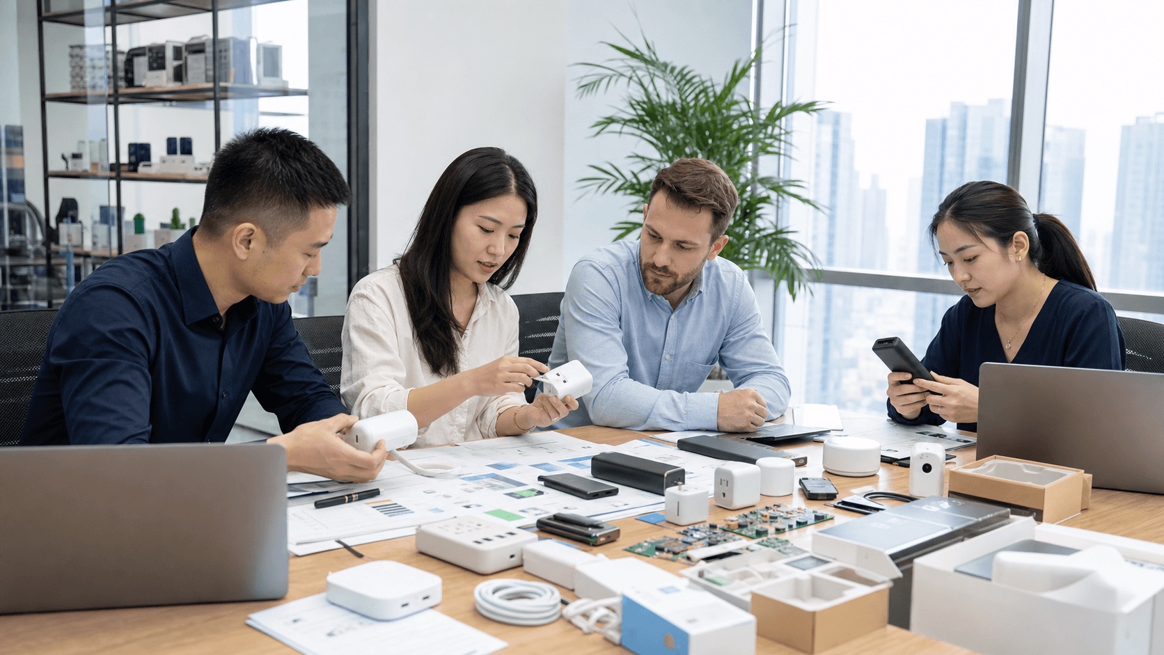 Electronics sourcing team reviewing product samples and inspection documents in China