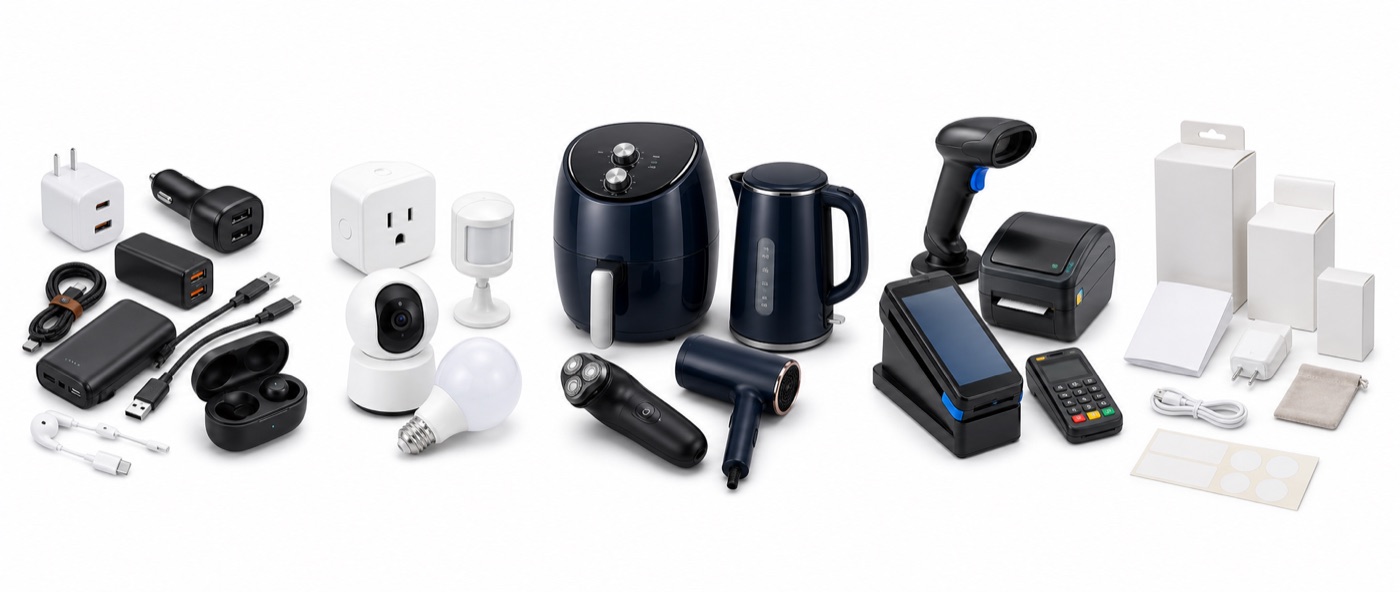 Consumer electronics accessories, smart home devices, small appliances, commercial electronics, and OEM packaging samples