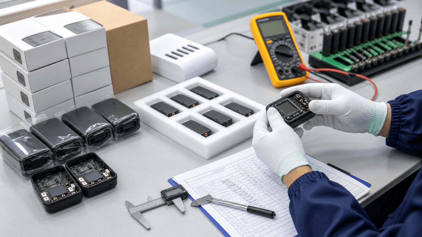 Electronics quality inspection with packaged devices, test equipment, checklist, and product samples