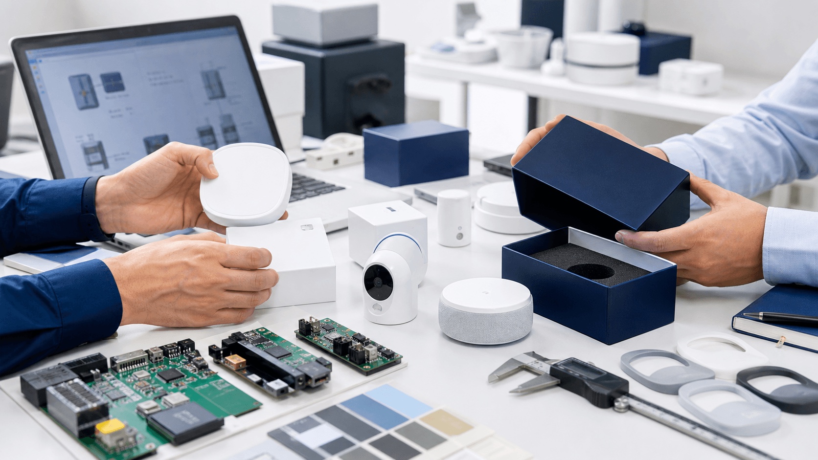 Electronics OEM ODM sampling workbench with smart device prototypes, packaging, circuit boards, and calipers