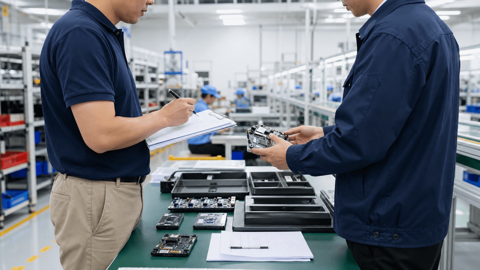 Electronics supplier verification in a China factory with audit checklist and product samples